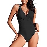 AI'MAGE Women's One Piece Swimsuit Deep V Neck Bathing Suit Scallop Trim Swim Suits Crisscross Back Tie Slimming Swimwear