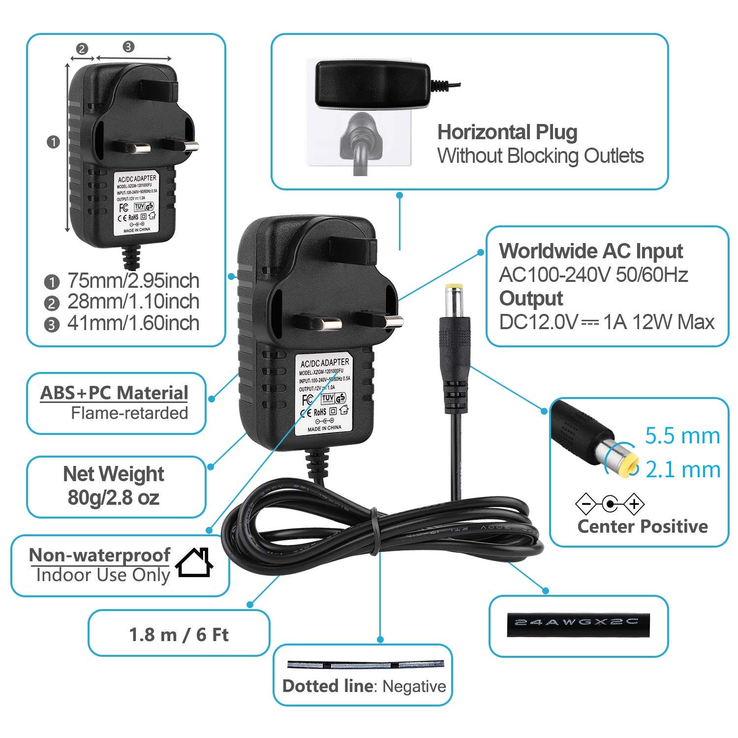 EFISH LED Lighting Power Supply,12V 1A 12W Power Adapter with 9 Selectable Adapter Conversion Heads