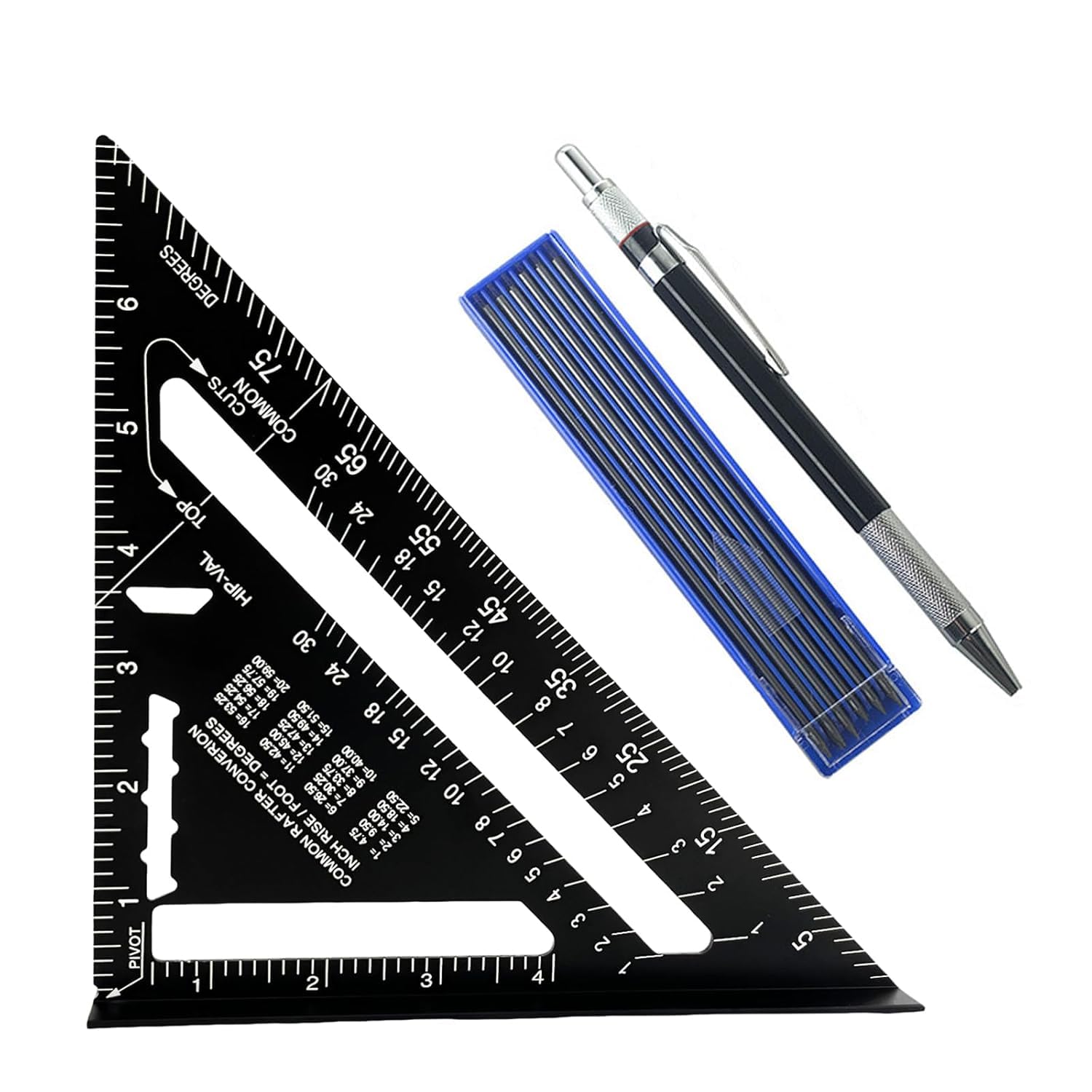 HYSHLC 7 Inches Carpenter Square Tool with Pencil Replacement Pencil Leads, Accurate Carpenters Triangle Aluminum Alloy Double Scale Ruler, Angle Square Rafter Measurement Tool for Woodworking