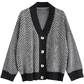 ZAFUL Women's Striped Cardigan Button Up Open Front Knit Oversized Sweater | Button down, Soft chunky knit, Lightweight, Loose fit, Long lantern sleeve, Casual Daily Going Out, Fall Winter Outfits