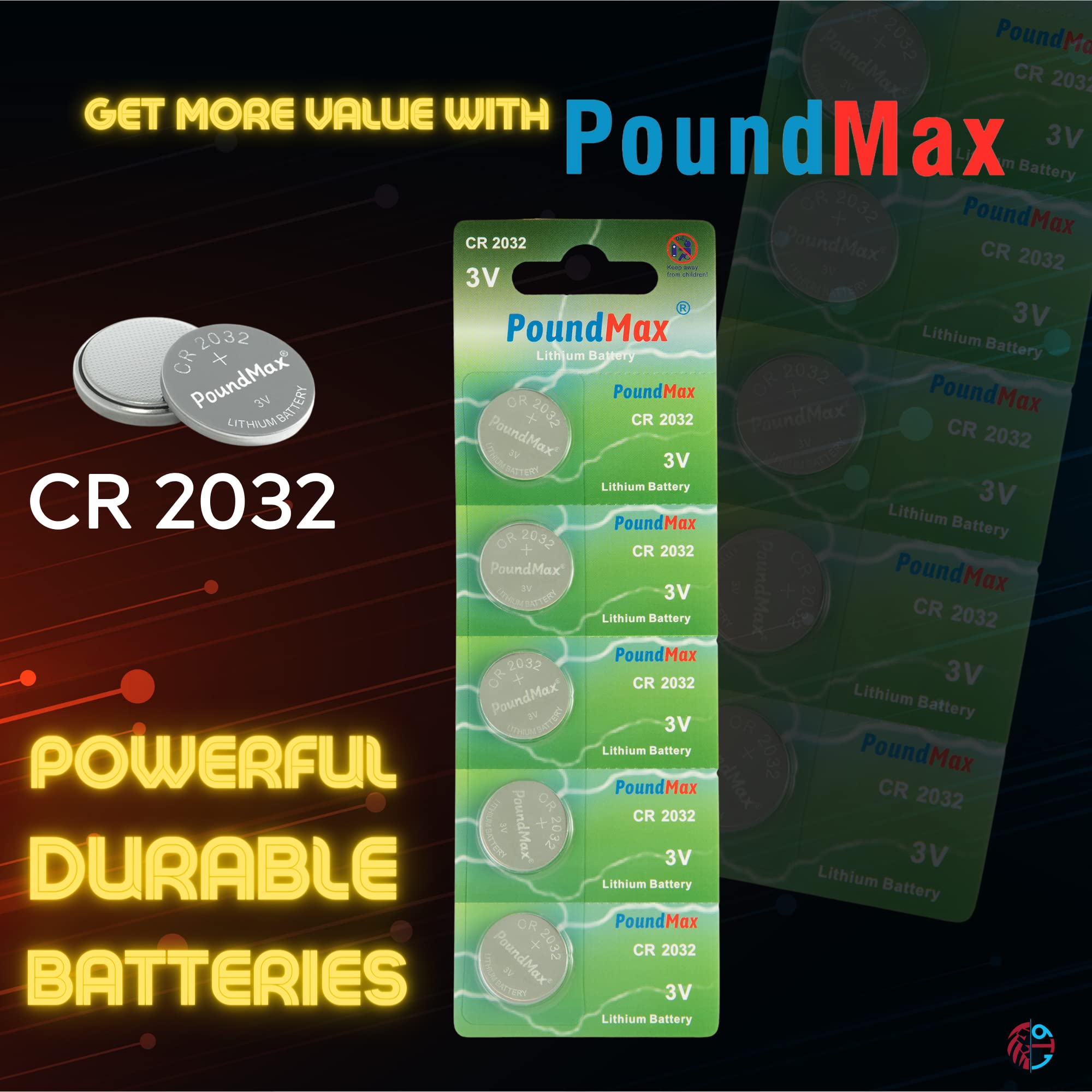 PoundMax CR2032 Lithium Coin Cell Battery, Compatible with AirTag, 3V Long-Lasting Reliable Power for Watches, Calculators, Electronic Toys - Leak-Proof BR2032 DL2032 EA2032 ECR2032 KCR2032 (5 Pack)