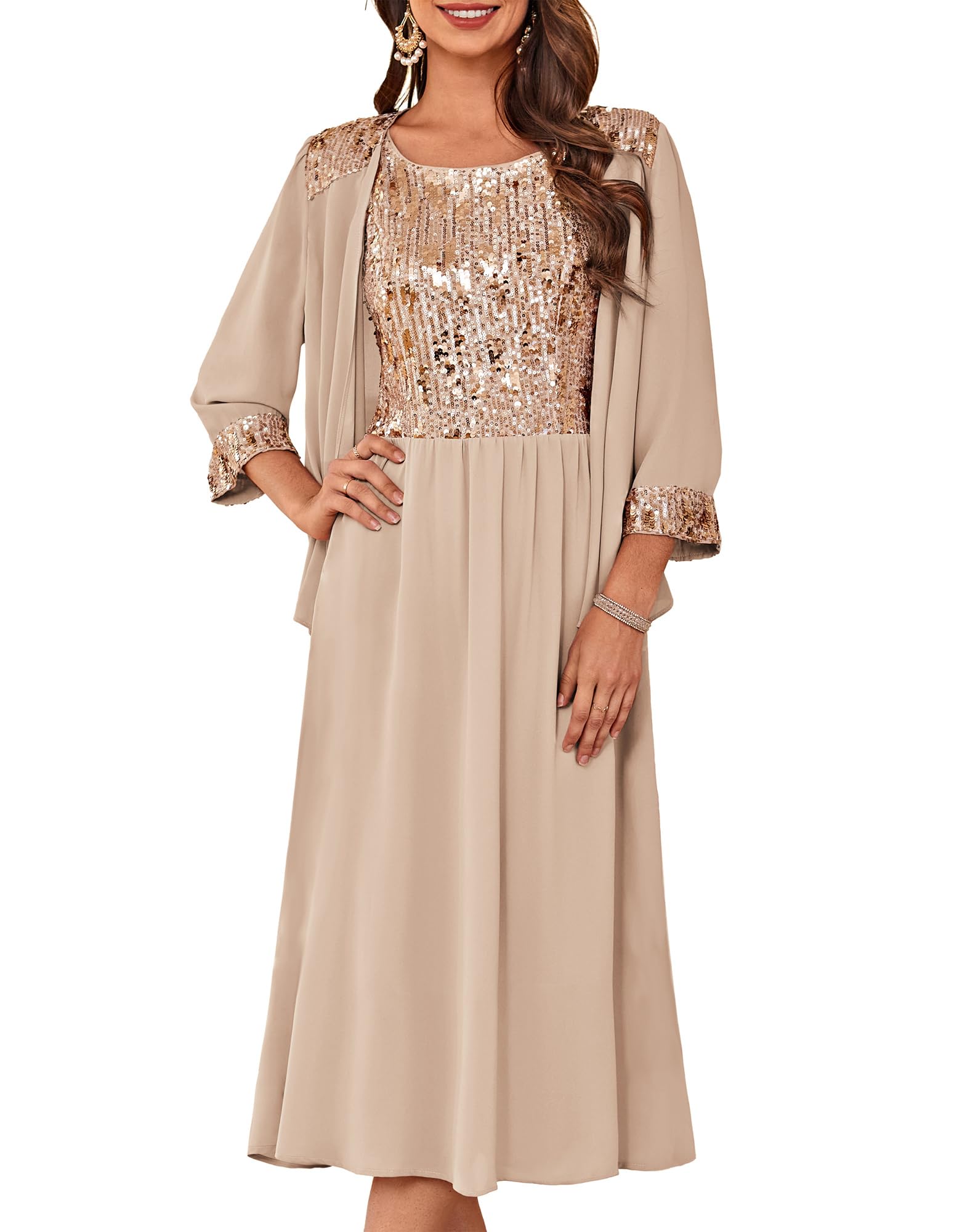 Photo 1 of GRACE KARIN Sequin Dress for Mom Formal Wedding Party Two Piece Dress with Chiffon Jacket Champagne XL
