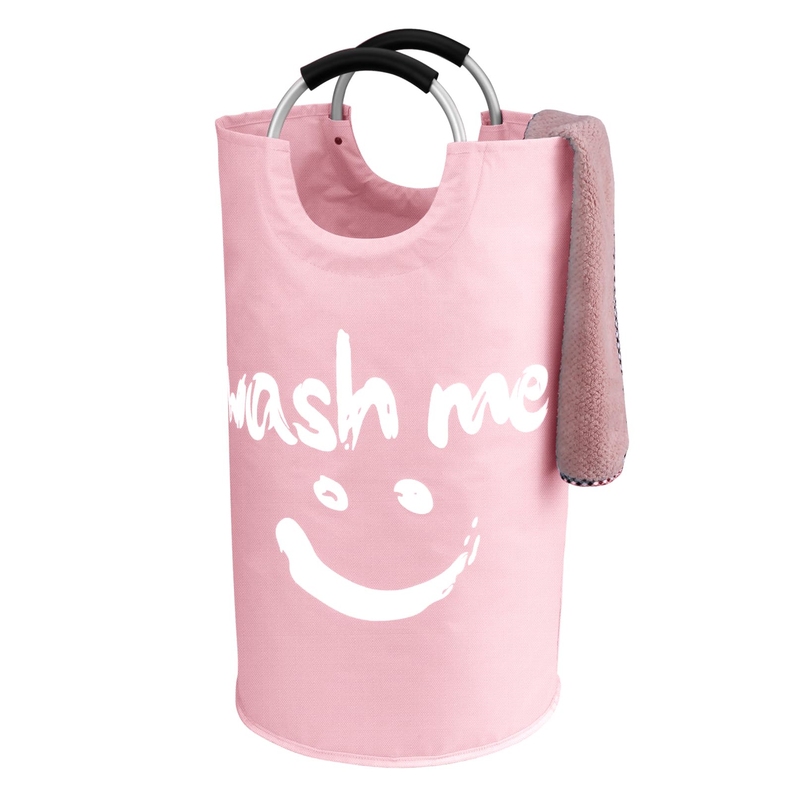 IHOMAGIC 95L Large Laundry Basket, Foldable Washing Clothes Hamper with Soft Carry Handle, Stand-alone Storage Bin for Toys Sundries, Organiser Hamper for Bathroom, Flat, Closet, Smiley-Pink
