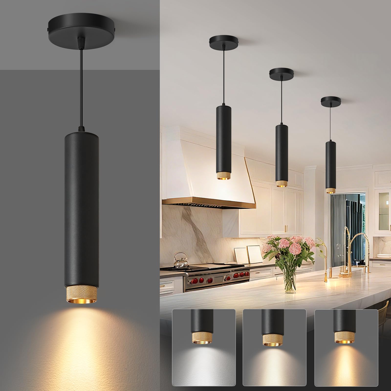 Photo 1 of OKELI Modern Black LED Pendant Light for Kitchen Island, 1 Pack – Dimmable Zoomable Pendant, Adjustable Beam Angle, 3 Color Temps 2700K/4000K/6000K, Mini Hanging Light for Bar or Bedroom, 12W 11.8"
