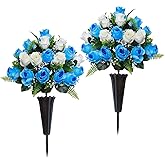Lodou Set of 2 Artificial Cemetery Flowers, Memorial Flowers Bouquet,Grave Memorial Flowers with Vase for Cemetery Headstones Decoration (Blue White)