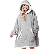 Giggling Getup Wearable Blanket Hoodie for Women Men Gifts for Women Mom Wife Sherpa Fleece Hooded Blanket Sweatshirt Warm Cozy Sherpa Wearable Throw with Pocket & Sleeves for Adult Oversize Gray