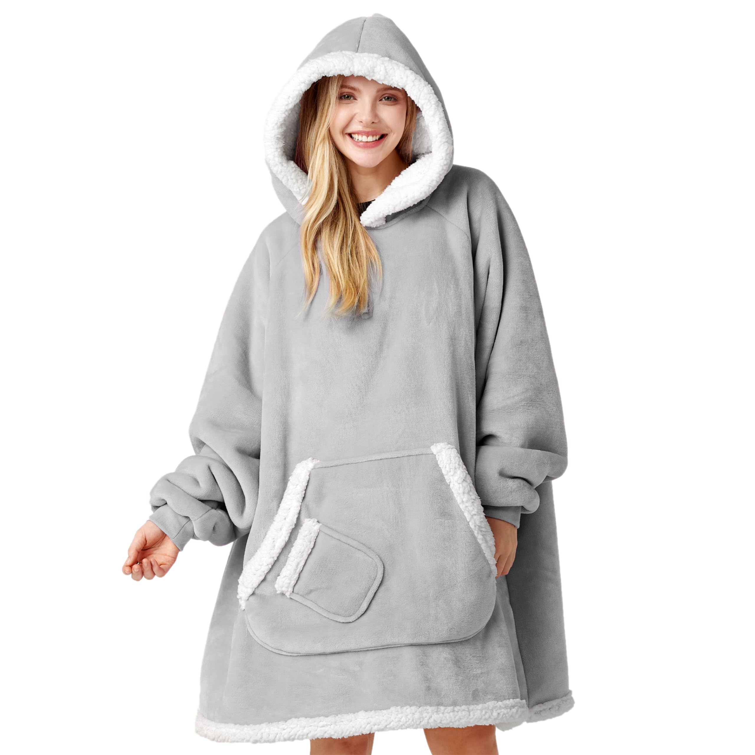 Giggling Getup Wearable Blanket Hoodie for Women Men Gifts for Women Mom Wife Sherpa Fleece Hooded Blanket Sweatshirt Warm Cozy Sherpa Wearable Throw with Pocket & Sleeves for Adult Oversize Gray Image