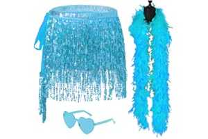 SHENJIPPC Sequin Skirt - Sequin Skirt for Women Fringe Skirt Belly Dance Rave Disco Cowgirl Sparkle Skirt, with Sunglasses + Boa