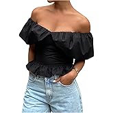 SHENHE Women's Off The Shoulder Top Puff Sleeve Ruffle Slim Fit Going Out Dressy Crop Blouse