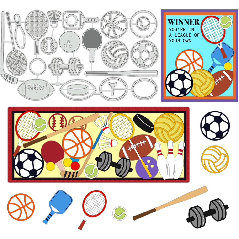 BENECREAT Sports Equipment Cutting Dies, Football Basketball Stencils Tennis Golf Decorative Embossing Stencils for Scrapbooking, Photo Album, Greeting Card Making, 0.8mm Thick