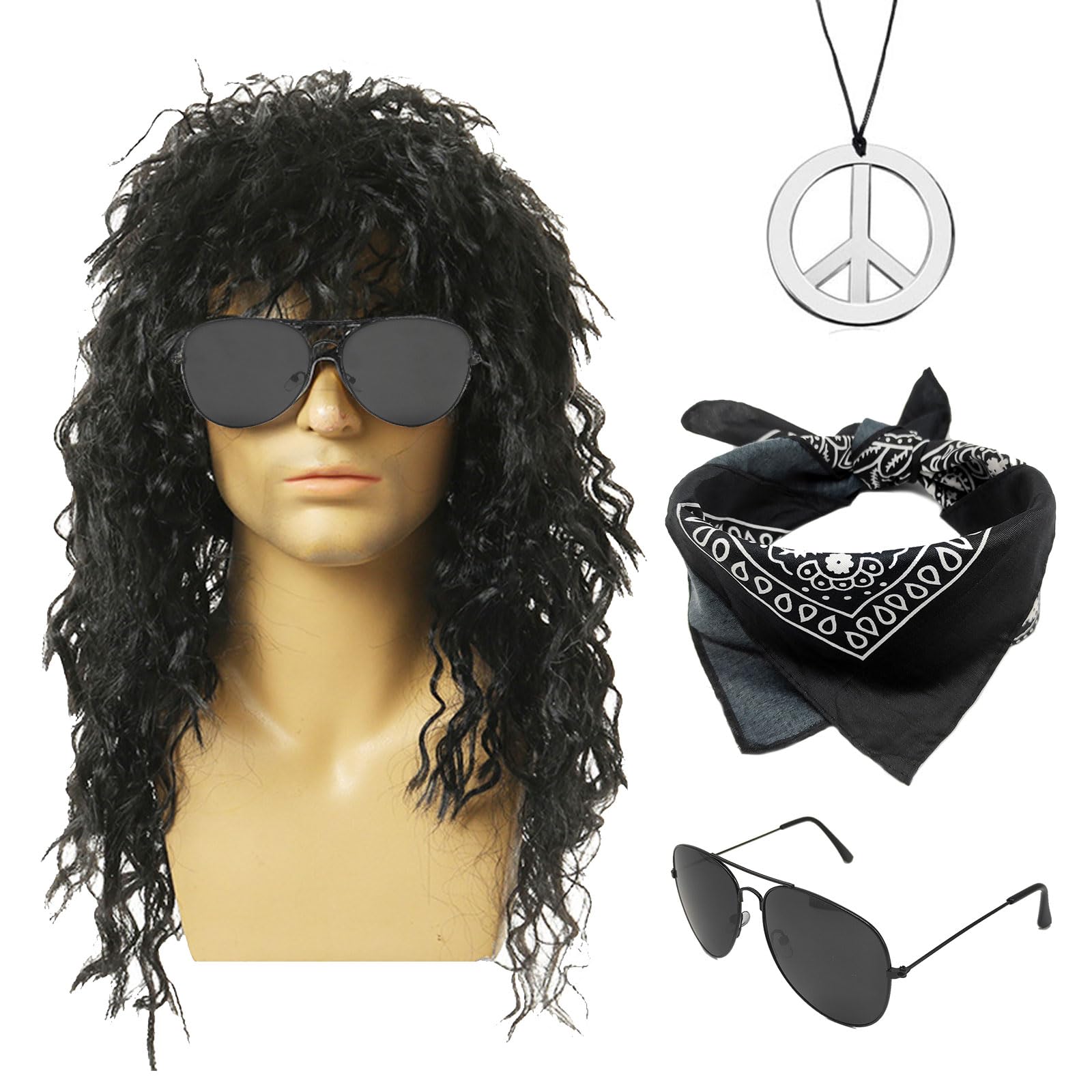 MIVAIUN 4Pcs Rocker Wig Set - 70s 80s Disco Costume Accessories for Men Women, Hippie Set With Curly Rock Style, Turban Peace Necklace Sunglasses for Theme Party Halloween Carnival (Black)