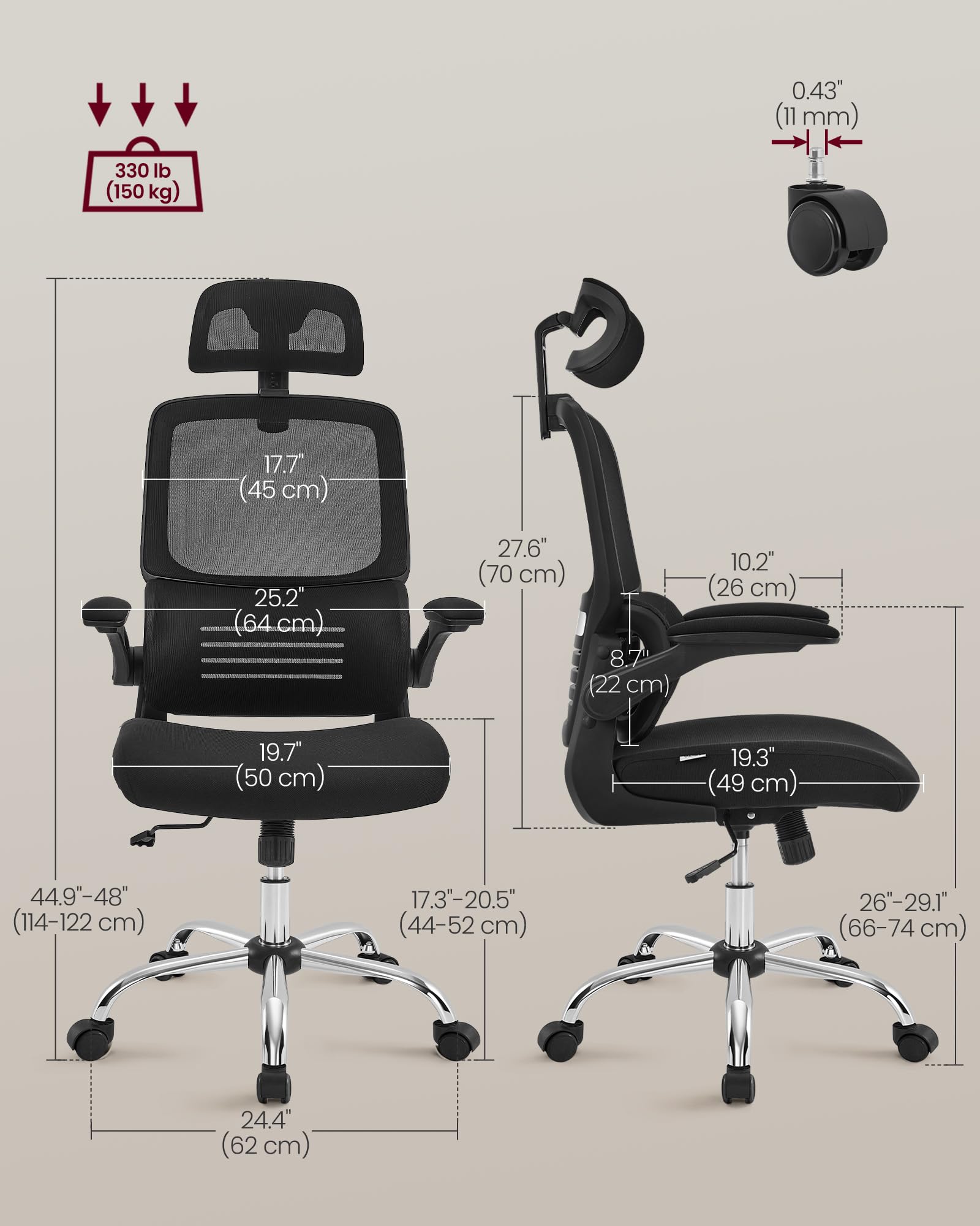VASAGLE Office Chair, High Back Mesh Chair for Computer Desk, Adaptive Lumbar Support, Ergonomic, Foldable Armrests, Adjustable Headrest, Tilt Function, for Home Office, Ink Black UOBN040B21