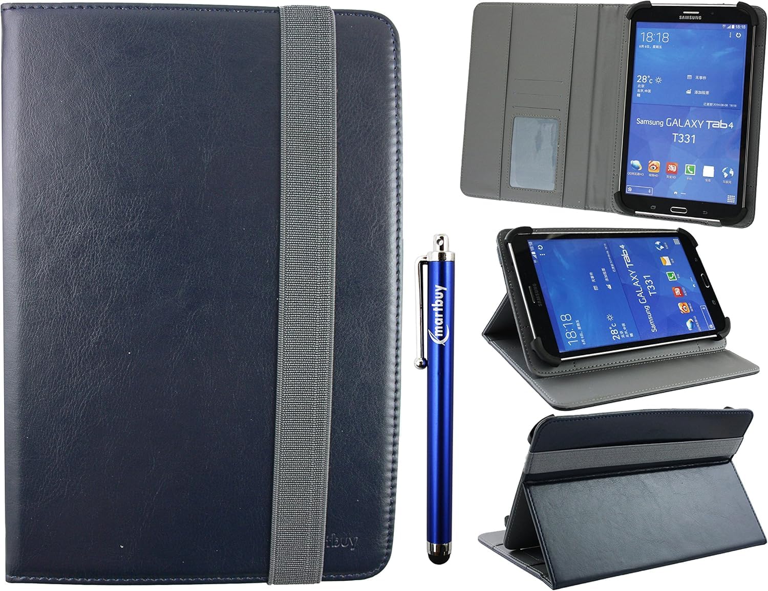 Emartbuy Universal 7-8.8 Inch Midnight Blue Multi Angle Folio Wallet Case Cover With Card Slots Grey Elastic Strap and Stylus Pen Suitable for Selected Devices Listed Below