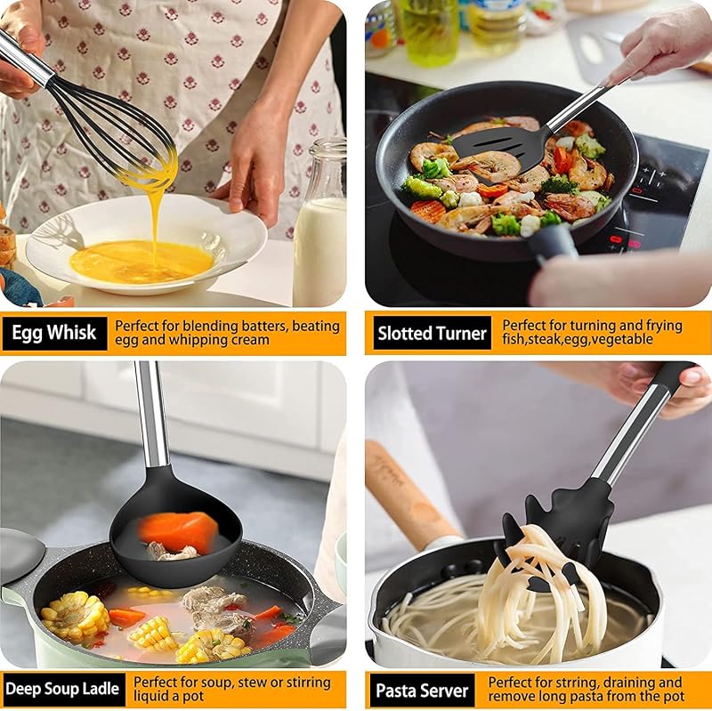 16-teiliges Silikon-Küchen-Kochgeschirr-Set, Hitzebeständiges Utensilien Mit Hochwertigen Edelstahlgriffen Zum Kochen Und Backen, Antihaft-Spachtel-Küchenhelfer — Foto 6 von 7