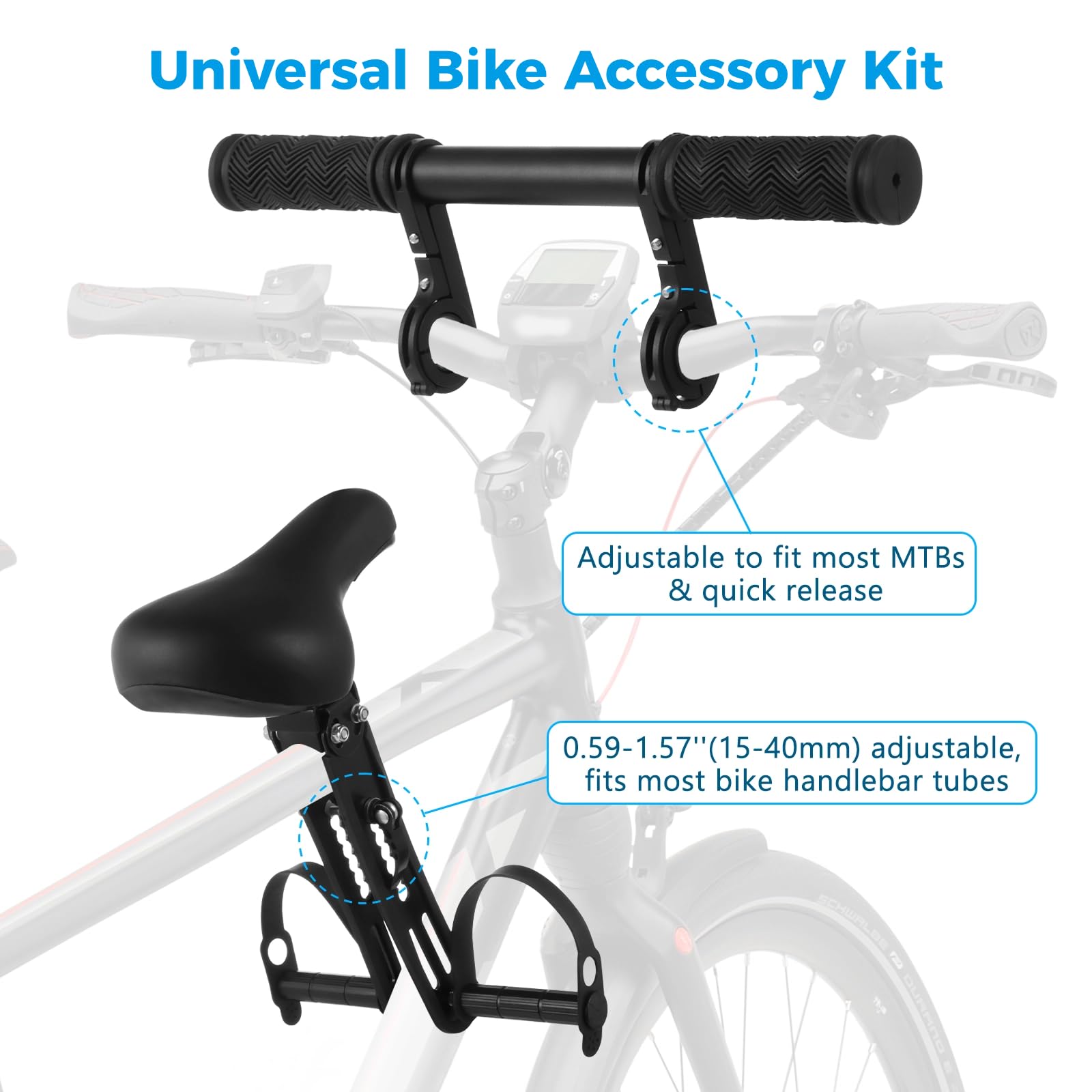 Lnrueg Kids Bike Seat for Adult Bike, Kid Bike Seat with Handlebar and Foot Pedals, Front Mounted Child Bike Seat for Mountain Bikes, Parent-Child Cycling Seat Kit for Children 2-6 Years