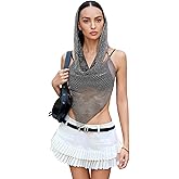 Women’s Rhinestone Fishnet Hoodie Vest Hollow Out Hooded Crop Top Knit Pullover Streetwear