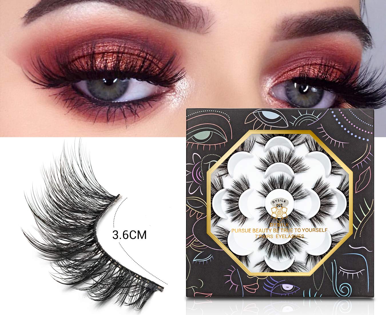 DYSILK 7 Pairs False Eyelashes 3D Fake Eyelashes Dramatic Look Eyelashes Makeup Long Handmade Soft Thick Lashes Extension Fluffy Resuable Black