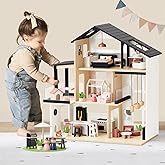 Tiny Land Doll House, Modern Family Dollhouse with Realistic Design, Wooden Dollhouse with 53Pcs Furniture - Ideal Gift for K