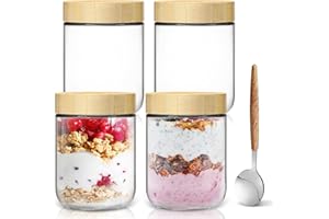 Overnight Oats Containers with Lids,16oz Wide Mouth Glass Mason Jars with Bamboo Lid,Overnight Oats Jars with Spoons,Meal Pre