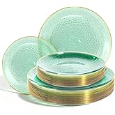 Lullaby 60pcs Green Plastic Plates with Gold Rim, Includes 30pcs Dinner Plate 10'' and 30pcs Clear Dessert Plate 7.5'', Green Disposable Plastic Plates for Parties, Birthdays and Wedding