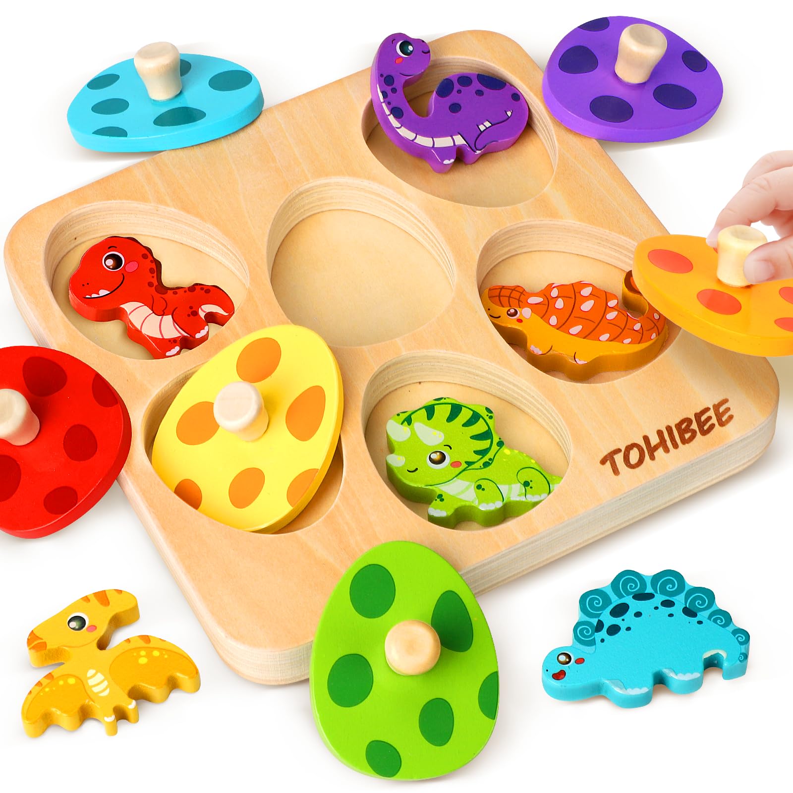 Easter Wooden Puzzles for Toddlers 1-3 – Dinosaur Matching Egg Peg Puzzle, Toddler Easter Basket Stuffers, Montessori Sensory Toys for Boys & Girls, Early Learning Educational Toy
