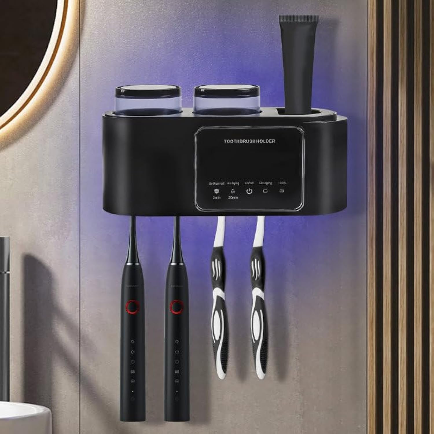 Bathroom Toothbrush Holder, Wall Mounting Type, Automatically Clean and Dry Design, Solar Charging Toothbrush Organizer(Black)