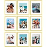 Vittanly 11x14 Picture Frames Set of 9, Shatter Resistant Plexiglass, Display 8x10 Pictures with Mat or 11x14 without Mat, Photo Frames for Wall or Tabletop, Engineered Wood, Gold