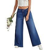AIMILIA Women's Low Rise Wide Leg Jeans, Boyfriend Baggy Straight Leg Stretch Denim Pants, Crossover Closure Casual Trouser