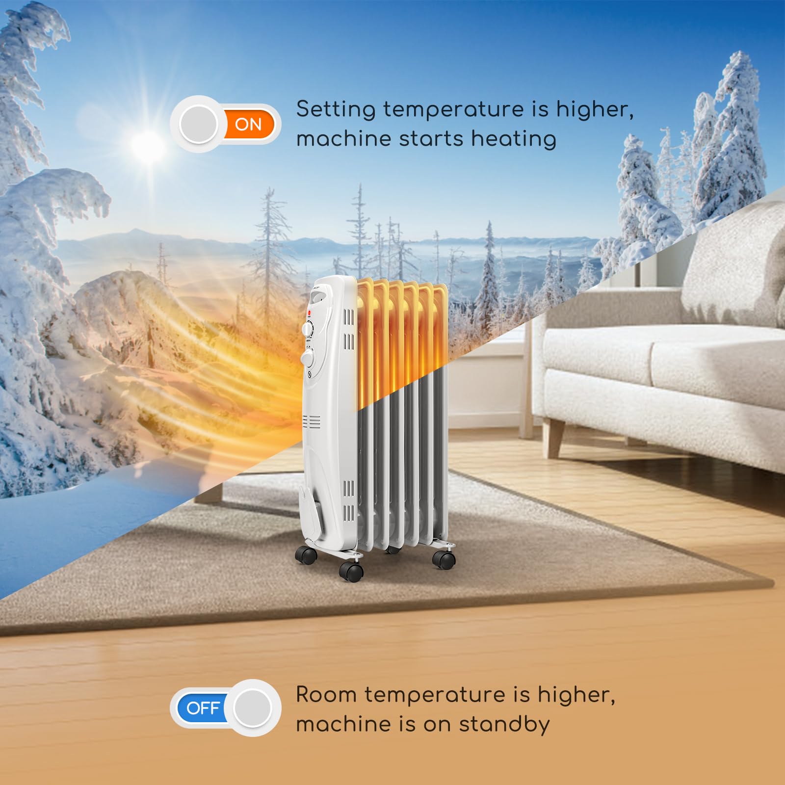 Aigostar 1500W Oil Heater 7-Fin Safe Heat, 3 Heat Setting Space Heater Adjustable Thermostat, Overheat & Tip-Over Protection, Heat Up 250 Square Feet, Quiet Oil Filled Radiator Heater for Indoor Use