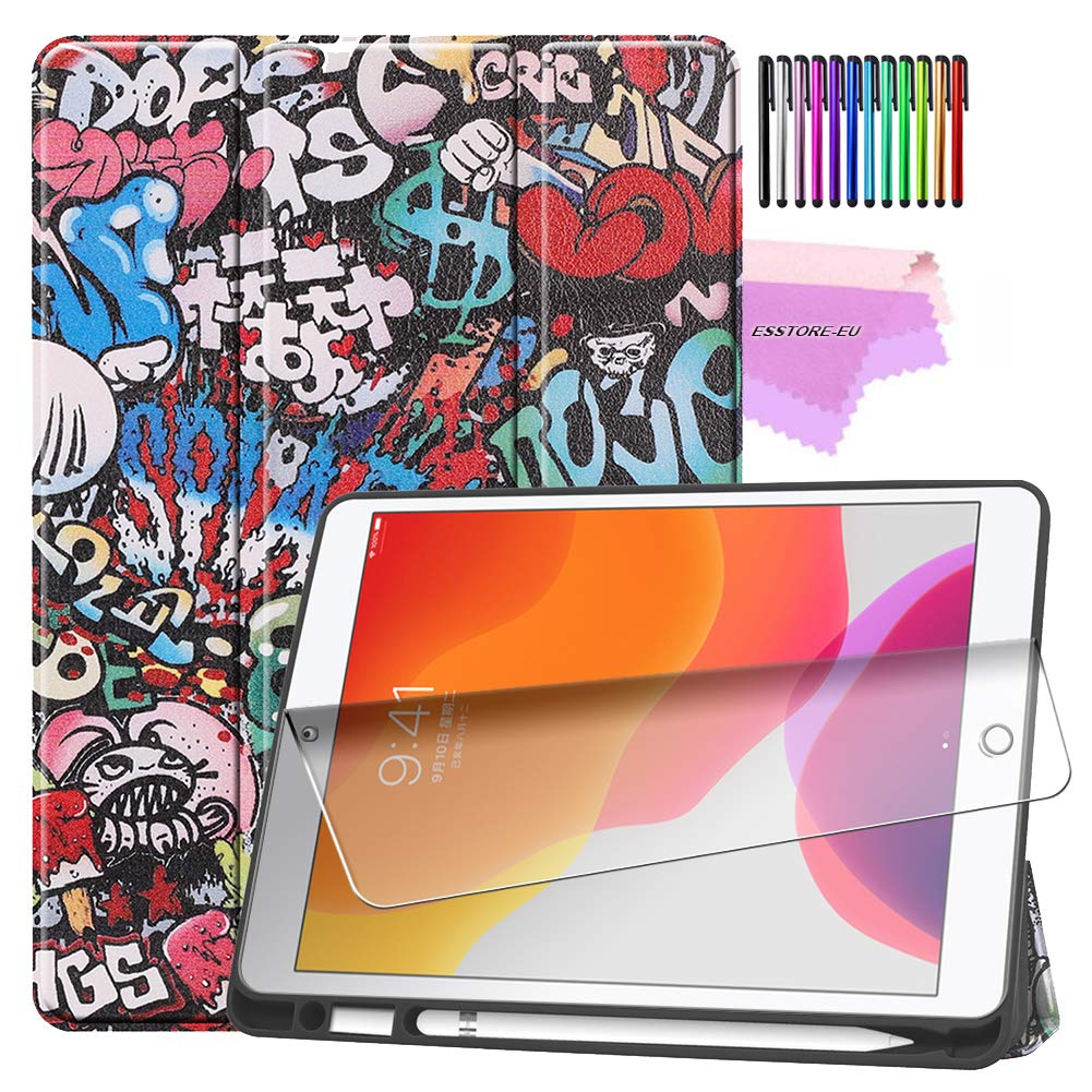 ESSTORE-EU iPad 7th Generation Case, New iPad 10.2 Case 2019 with Pencil Holder, Lightweight Smart Cover with Soft TPU Back [Auto Sleep/Wake][Screen Protector] - Graffiti