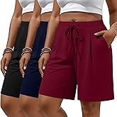 Huukeay 3 Pack Women's Plus Size Bermuda Shorts Casual Knit Drawstring Knee Length Walking Shorts with Pockets