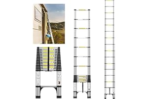 FEETE 15.5FT Telescoping Ladder, Multi-Purpose Aluminum Extension Ladder with Triangle Stabilizers and Non-Slip Feet, Retractable Extendable Ladder for Home, RV and Outdoor Work Silvery