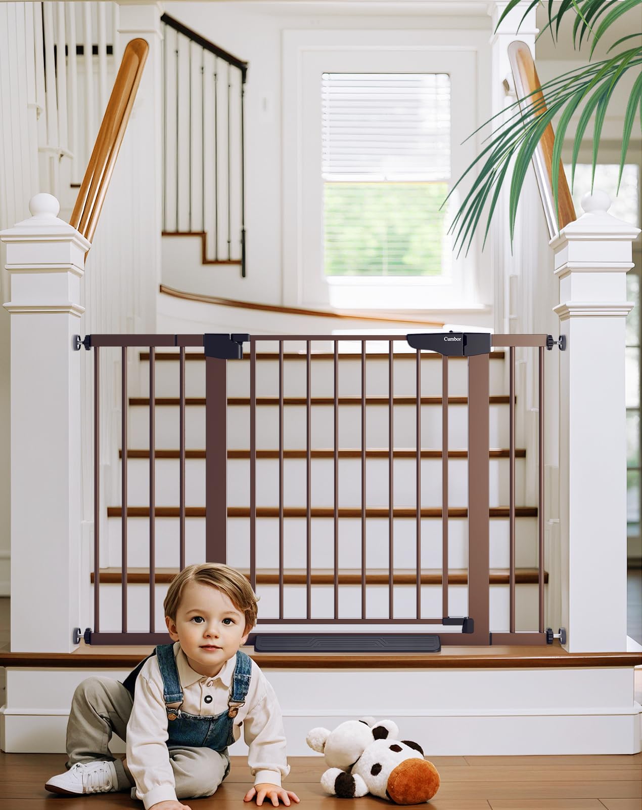 Photo 1 of Cumbor 29.7-48" Baby Gate for Stairs, Mom's Choice Awards Winner-Dog Gate for Doorways, Auto Close Safety Pet Gate for Dogs Indoor, Easy Install Pressure Mounted Child Gate with Walk Thru Door, Brown