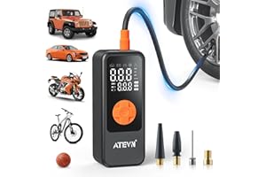 ATEVN Tire Inflator Portable Air Compressor - Cordless Air Pump for Car Tires with 80W Motor, Auto-Stop Smart Pump Tire Inflator with LED Light,Electric Pump for Car, Motorcycle, Bike, Ball and More