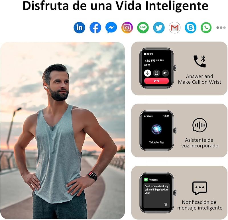 Smartwatch Hombre (Realizar/Recibir Llamadas), 1.85" Reloj Inteligente Hombre - Pulsómetro/Oxímetro/Sueño, Whatsapp Mensajes, Pulsera Actividad - 100 Modos Deportivos, Podómetro, Android iOS