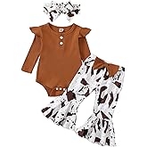 fhutpw Newborn Baby Girl Clothes Infant Rib Frill Long Sleeve Romper Flared Pants Headband Set 3pcs Fall Winter Outfits