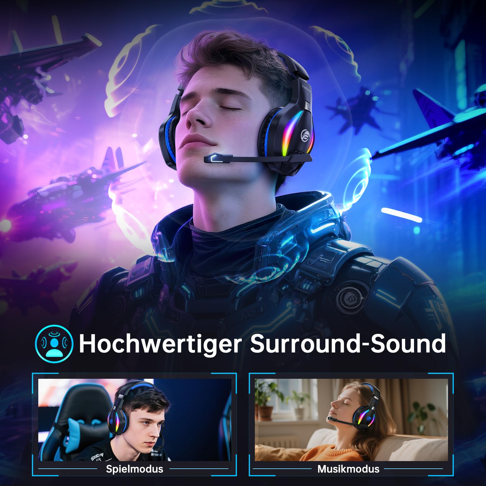 Fachixy FC100 Headset mit Mikrofon, 2,4G Wireless Gaming Headset für PS5, PS4, PC, Switch, Mac, Surround Sound Bluetooth Gaming Kopfhörer kabellos mit LED Licht, Über 50 Stunden Akkulaufzeit 6