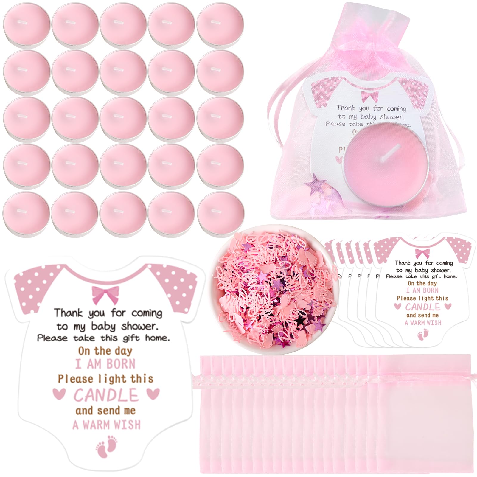 50 Sets Pink Baby Shower Favours for Girls with Thank You Cards | Pink Glitter Tea Light Candles & Organza Bags | Gender Reveal Party Gifts for Guests, Little Princess Theme