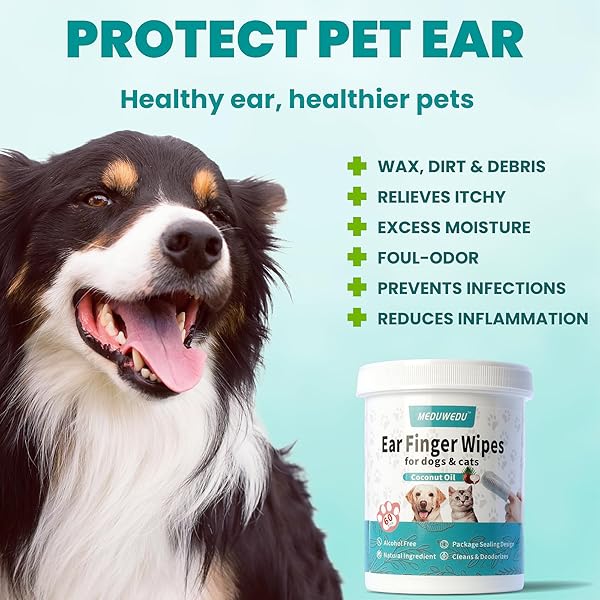 MEDUWEDU EAR CLEANER FINGER WIPES 60 COUNTS, DOG EAR CLEANER, GROOMING KIT CARE FOR DOGS AND CATS, SOFT & EASY OTIC CLEANING PADS, REMOVE WAX, DIRT & STOP SMELLY, ITCHY, NON-IRRITATING, PEACH SCENT