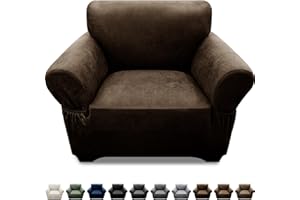 Pfrstuv Single Sofa Cover Leather Look Chair Covers for Living Room 1-Piece Sofa Chair Covers with Arms Stretch Furniture Protector with Elastic Bottom & Pockets(Armchair, Coffee)