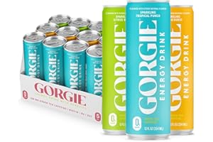 GORGIE Tropical Variety, Sugar-Free Natural Energy Drink Sparkling, Healthy Energy Drinks - Green Tea, Biotin, B Vitamins -150mg Caffeine, Vegan, & Low Calorie (Pack of 12)