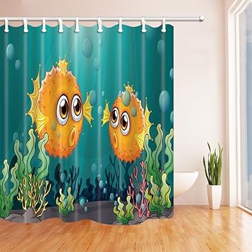 Kinder Lieben Fisch Dekor Zwei Kugelfisch Unter Dem Meer Mit Wasserpflanzen Schimmel Resistent Polyester Stoff Duschvorhange Badezimmer Duschvorhang Mit Ringen 70 8x70 8in Amazon De Kuche Haushalt