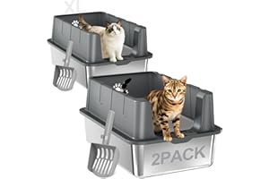 Sousia 2 Packs XL Stainless Steel Cat Litter Box with Lid High Sides, Extra Large Metal Litter Box, Non-Sticky Anti-Leakage Easy Cleaning for Large & Multiple Cats,Scoop Included