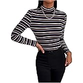 SOLY HUX Women's Striped T Shirt Mock Neck Long Sleeve Tee Slim Fit Casual Fall Tops