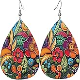 Boho Colorful Flowers Leather Earrings for Women Teardrop Earrings Lightweight Drop Dangle Earring Fashion Jewelry Birthday Gift for Her