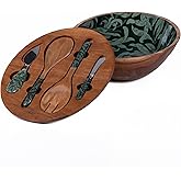 Beautiful Salad Wood Bowl with Herringbone Inlay Lid, Salad Servers, and Cheese Knives Salad Bowls with Lids Wooden salad bowl with serving utensils |Designed in USA Handmade in India12x12x4.75"(Dark)