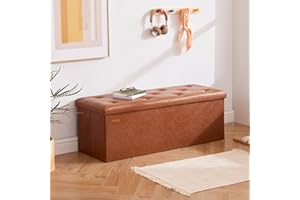 HAUSFRAU 43.5 Inches Ottoman with Storage Bench, Folding Ottoman Bench Foot Rest Stool, Bedroom Bench, Holds up to 660 lb, Faux Leather Retro Brown