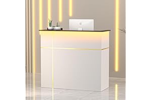 Spurgehom Reception Desk with Counter,Modern Front Table Equipped Lockers & Storage Shelves,50-inch Checkout Counter with LED Lights & DIY Stripe for Lobbies,Salons,Retail,Home Offices,Reception Room