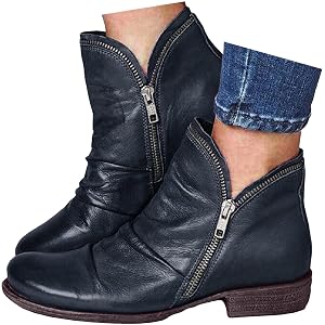 DFPHRACTAL Slouchy Ankle Booties For Women 2026 Vintage V Cut Arch Support | Chunky Low Heel Wide Width Slip On Retro Leather