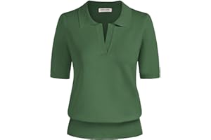 Kate Kasin Women Short Sleeve Polo Sweater V Neck Knitted Tops Casual Ribbed Shirt Loose Pullover Sweater